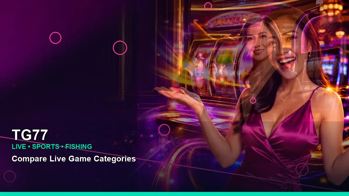 Illustrative TG77 mobile gaming scene with neon slot visuals; confirm game access and terms before playing