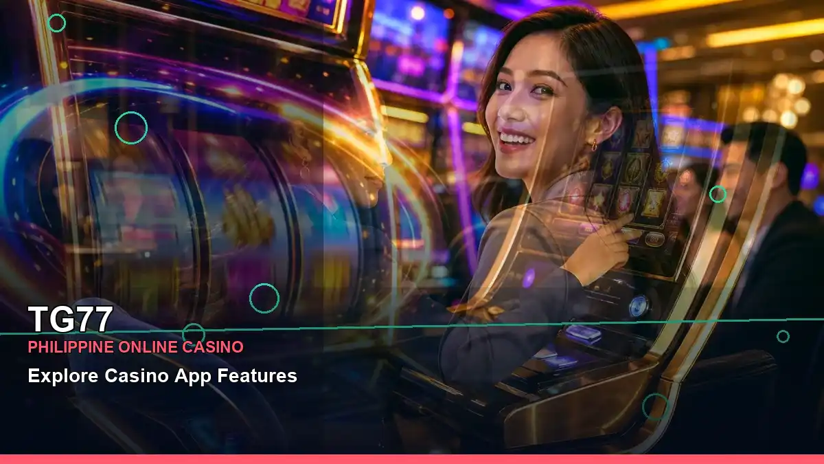 TG77 mobile casino guide image showing an adult Filipina host in a casino-themed setting