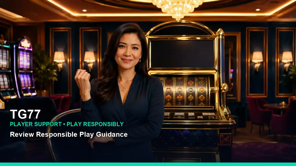 TG77 VIP casino visual with a lively layout and responsible-play reminders for Philippine adults